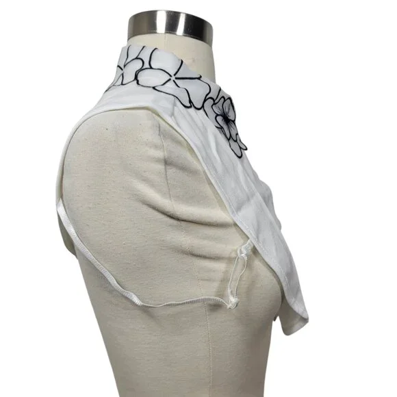 White Detachable Collar Bib w/ Black Floral Embroidery & Rhinestone Detail - Picture 3 of 4